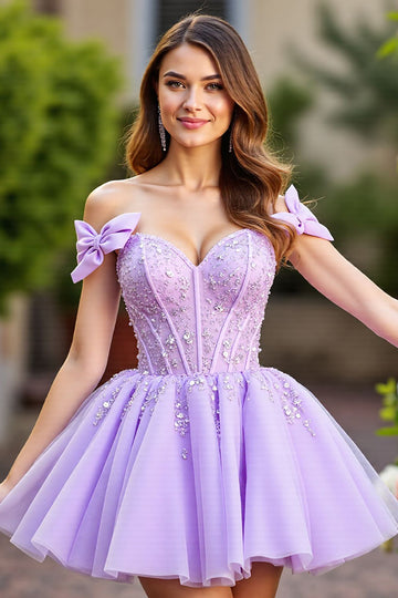 Lavender Off The Shoulder Corset Homecoming Dress